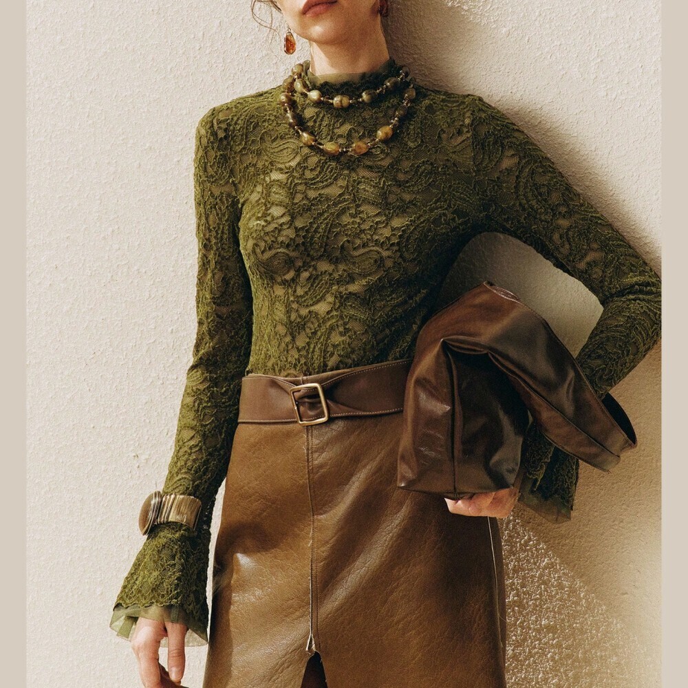 Olive Green Lace Mock Neck Top with Flounce Cuffs - Picture 4 of 8